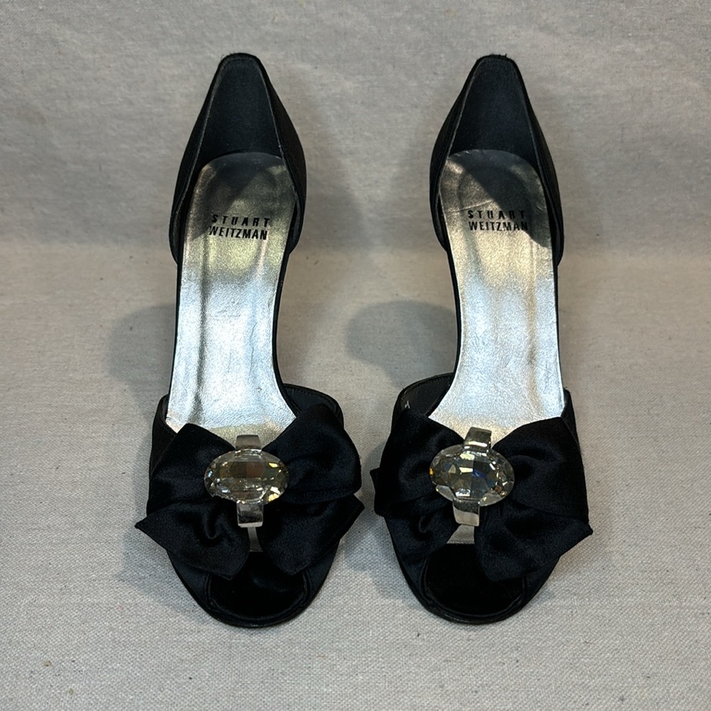Womens Stuart Weitzman rhinestone black satin peep toe stiletto heels